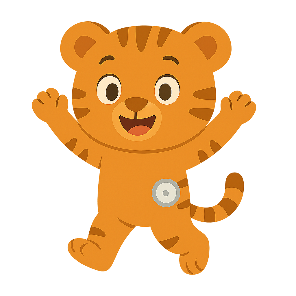 A cartoon tiger with a happy expression, raised paws, and a round body, wearing a badge on its stomach.