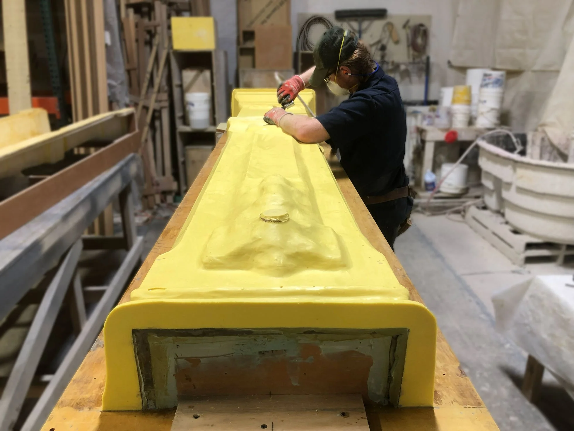 Prepping rubber molds of cast-iron pilaster replacement, Waldo Bldg, Portland, OR.