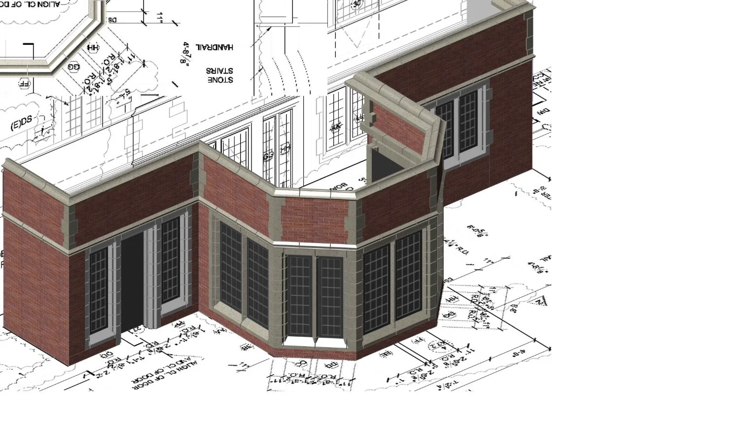 3D architectural rendering of a building corner with brick and stone exterior, placed over blueprints and technical drawings.