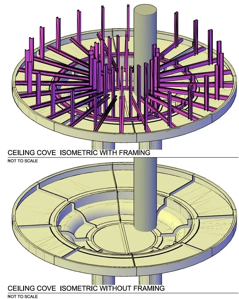 Two isometric drawings of a ceiling cove, one with framing showing purple structural elements and one without framing, labeled 'Ceiling Cove Isometric with Framing' and 'Ceiling Cove Isometric without Framing'.