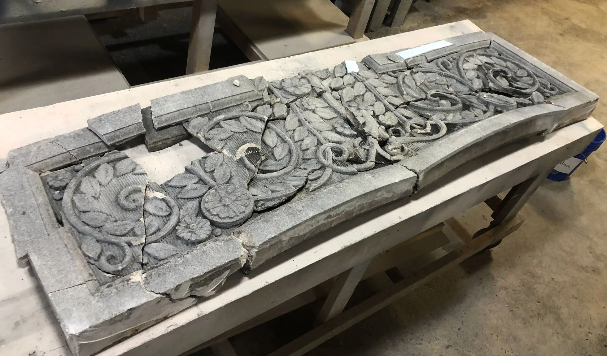 Original rubble fragments assembled to begin modeling Shaw Residence entry soffit, Portland, OR.