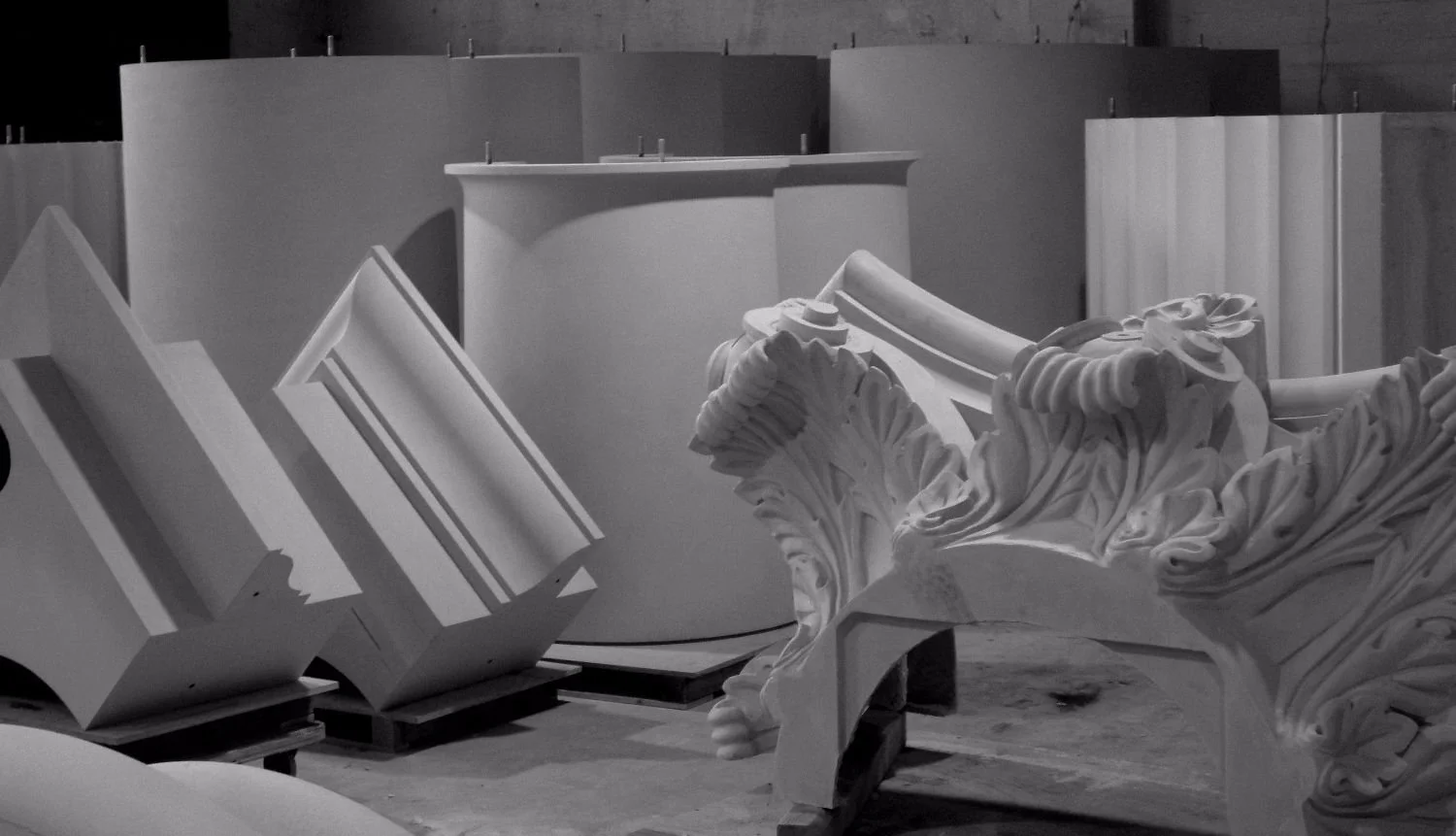 GRG Columns, capitals, and bases, ready for assembly.