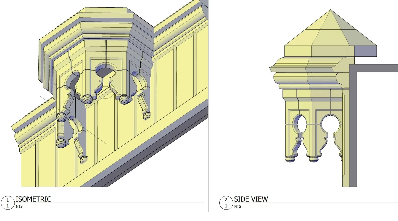 Architectural drawing of the Chaucer Court Terracotta Lantern assemblies, shown in isometric and side views.