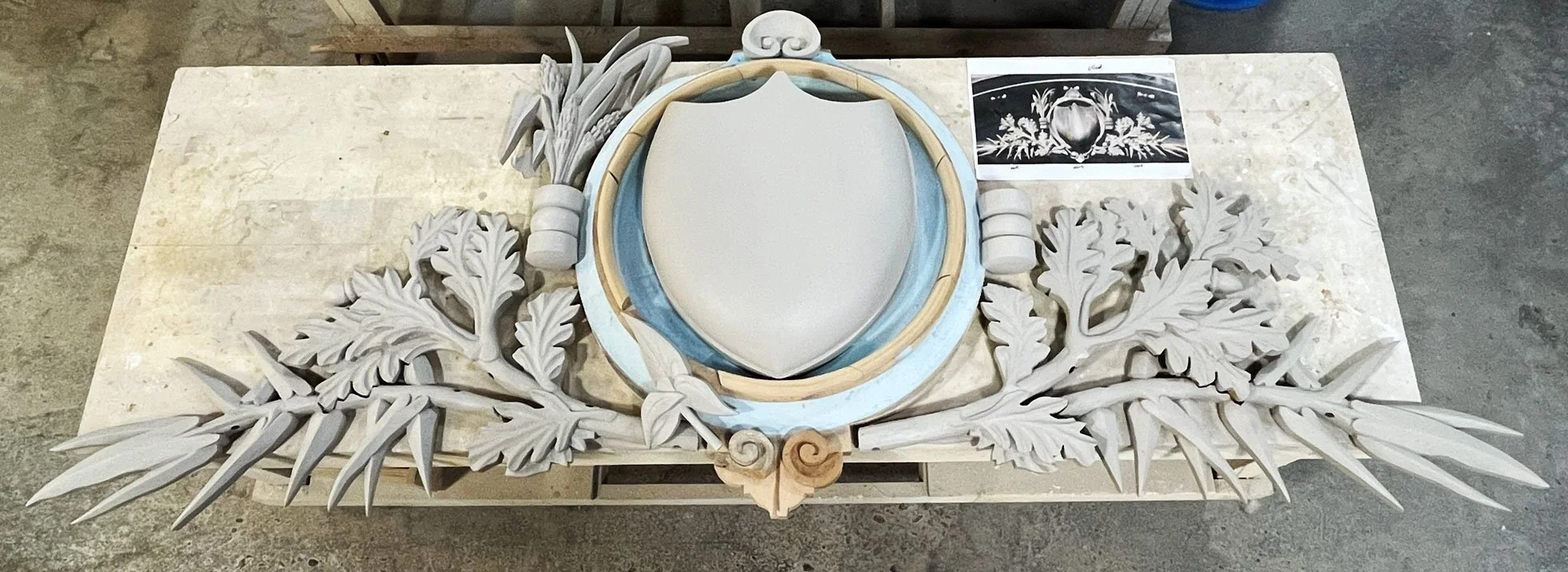 Models of Radiused Pediment, using original and newly sculpted elements, Villard Hall, University of Oregon, Eugene, OR.