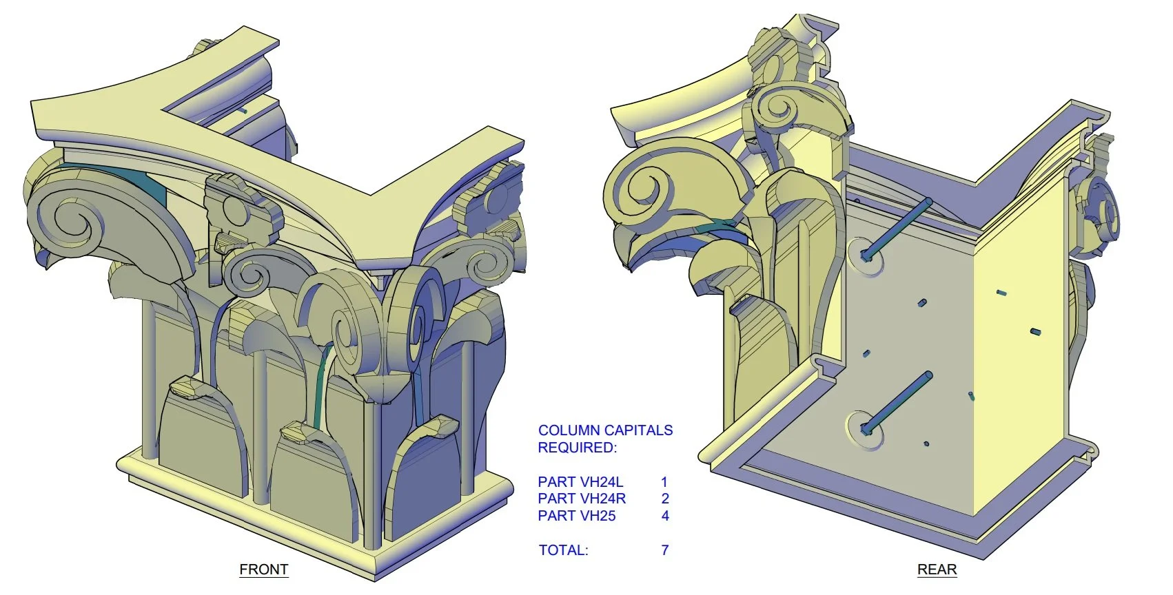 CAD model of a column capital with detailed scroll and leaf motifs, showing front and rear views with assembly instructions and part list.