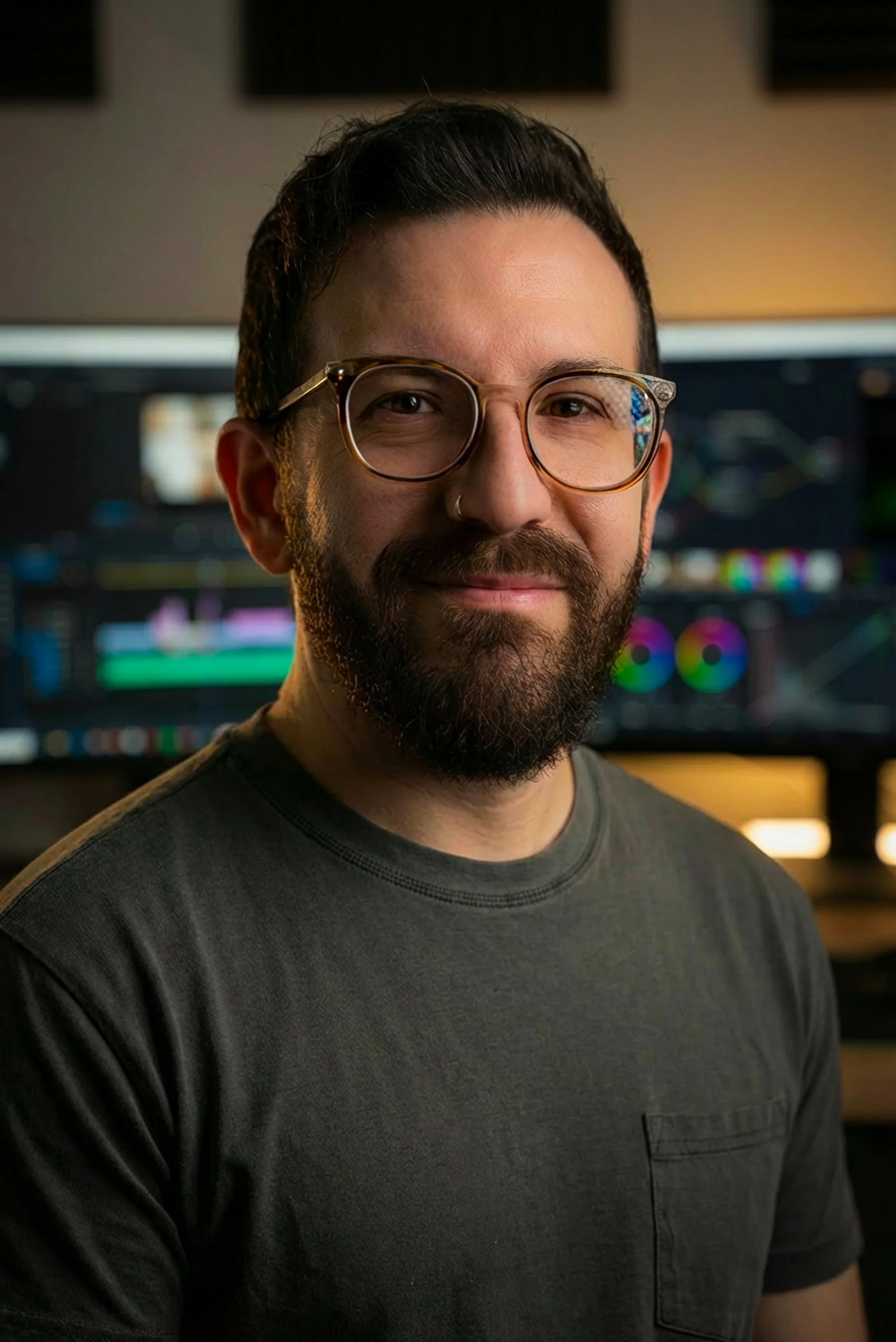 A man with glasses, a beard, and a nose ring smiling in front of a computer with color grading software on the screens.