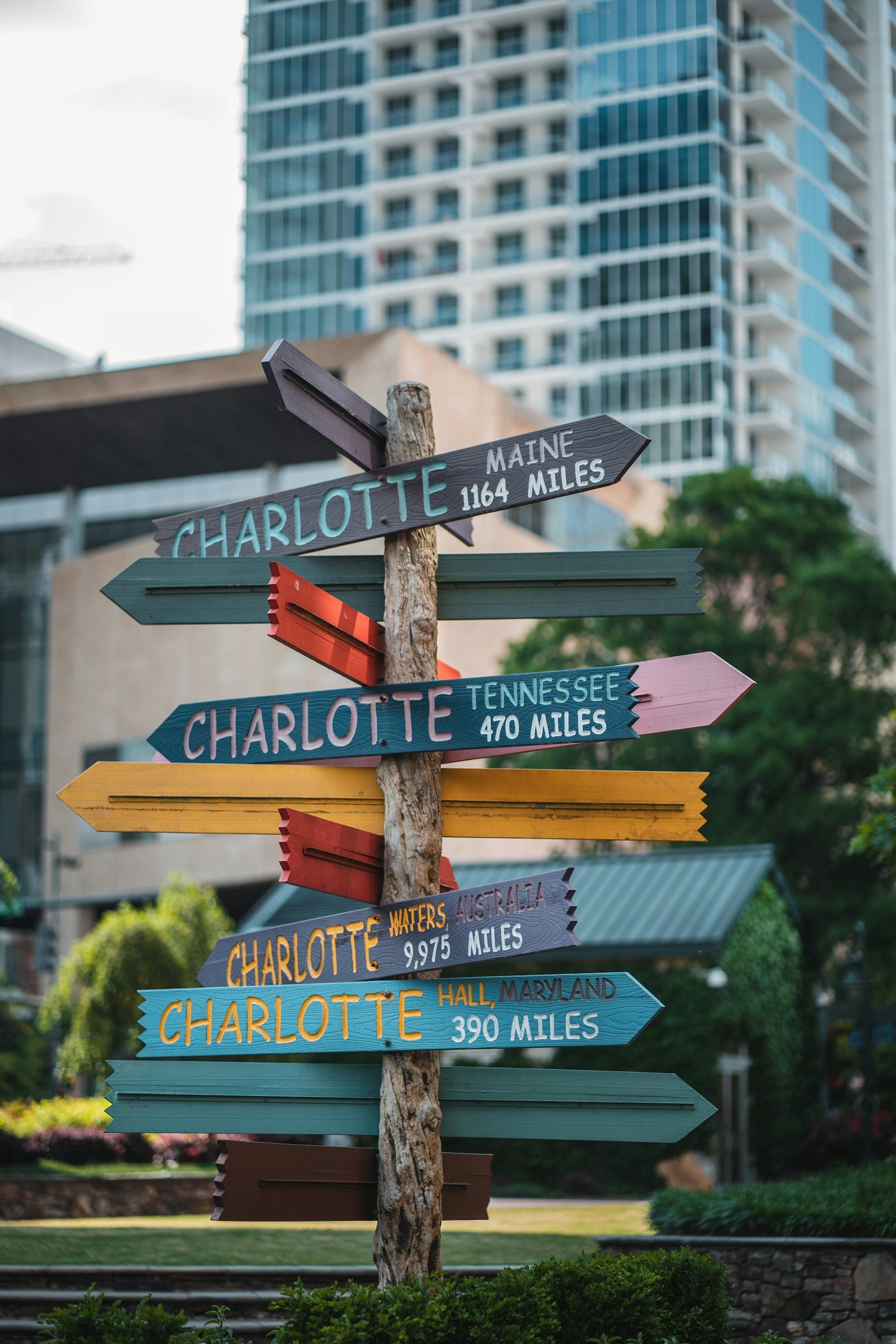 Colorful signpost with multiple directional arrows indicating distances to various cities and locations, including Charlotte, Maine, Tennessee, Waters Australia, and Hall Maryland, set outdoors with tall buildings and greenery in the background.