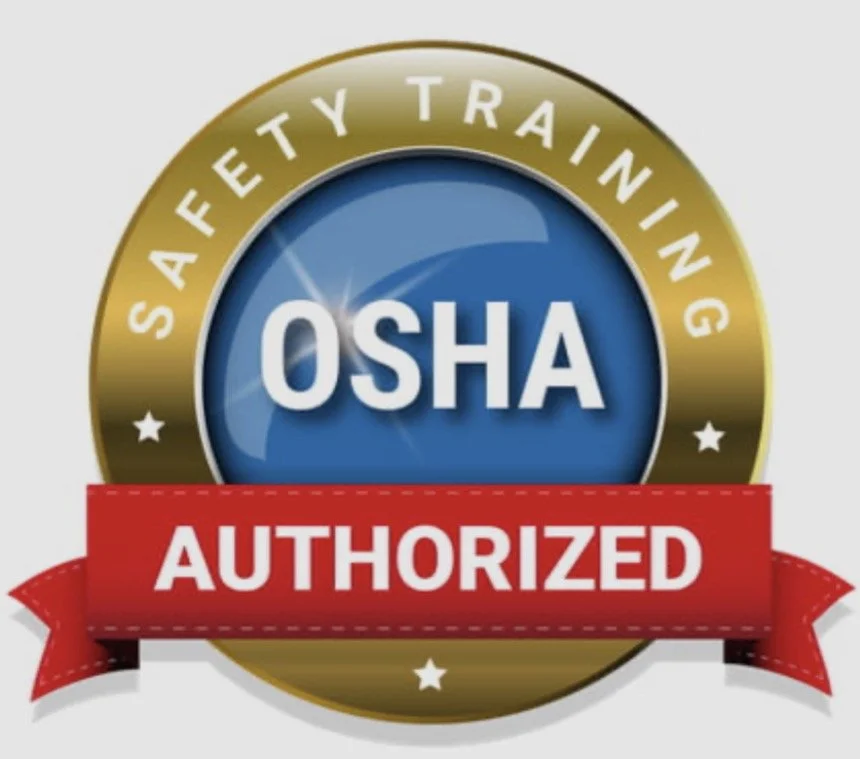 OSHA authorized safety training badge with a gold and blue circular design and a red banner reading 'Authorized'.