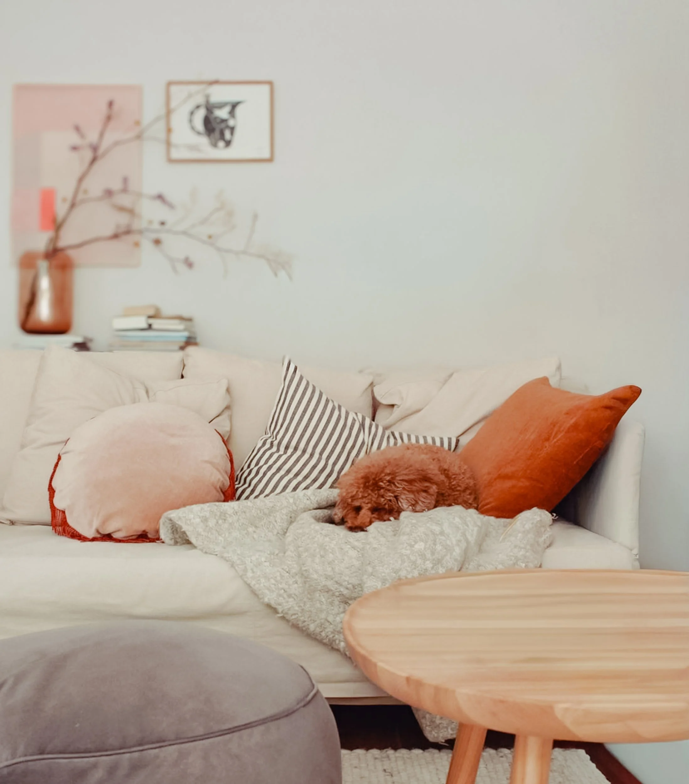 A cozy beige couch with various pillows, including pink, striped, and rust-colored ones, in a room with minimalist decor.