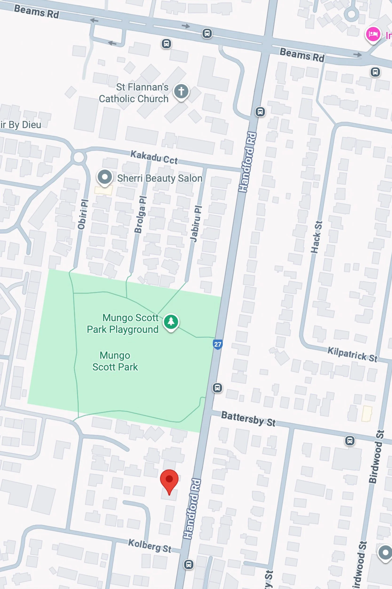 Map showing Mungo Scott Park and Playground, streets including Beams Road, Handford Road, and Battersby Street, and nearby landmarks such as St Flannan's Catholic Church and Sheri Beauty Salon.