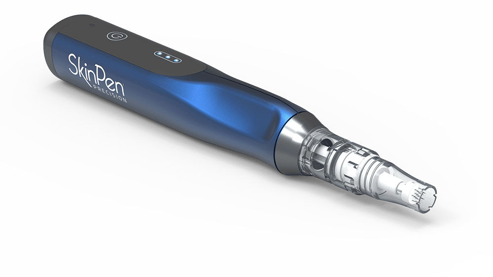 A blue SkinPen Precision device, a skincare pen for microneedling, with a clear needle cartridge at the front and three LED indicator lights on top.