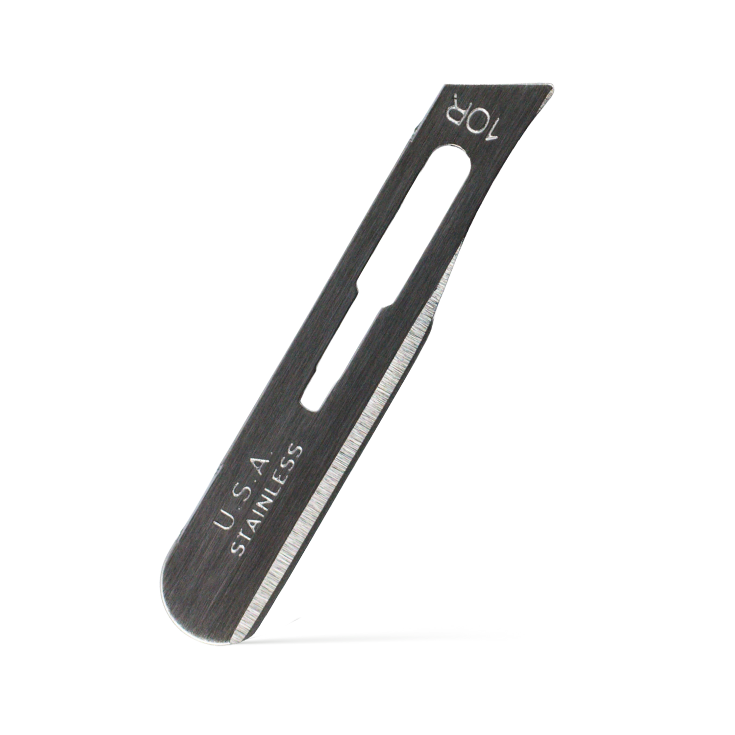 A stainless steel butter knife with a hole in the middle, engraved with "U.S. A STAINLESS" on one side and "TOP" on the other side.