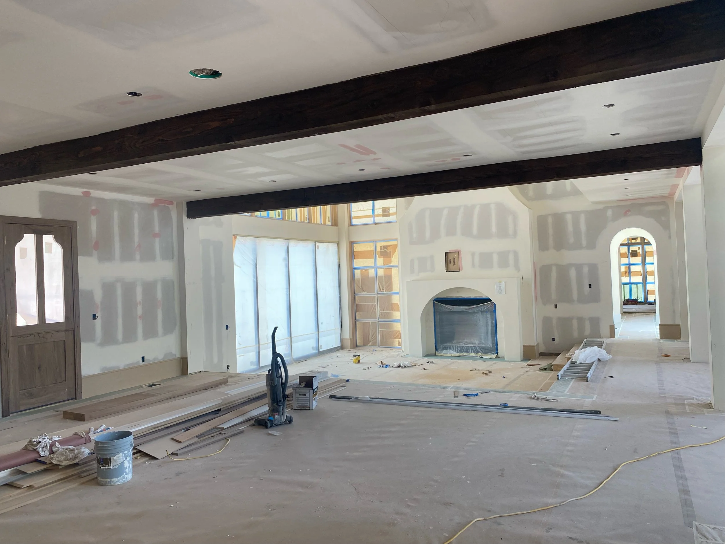 Interior of a house under construction, with our exposed timber beams, used for the install.
