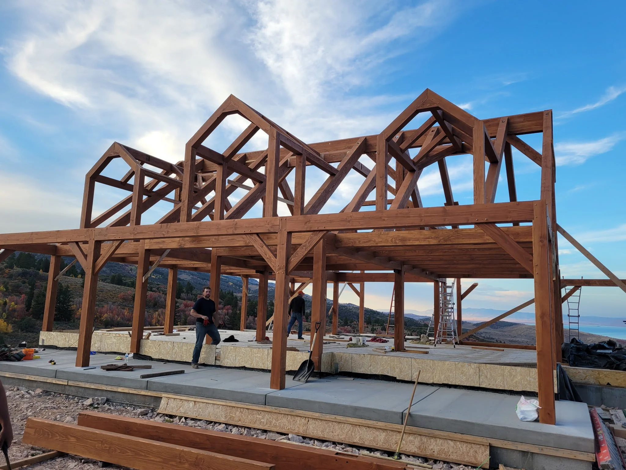 Construction site of our timber frames being installed with our team onsite. 
