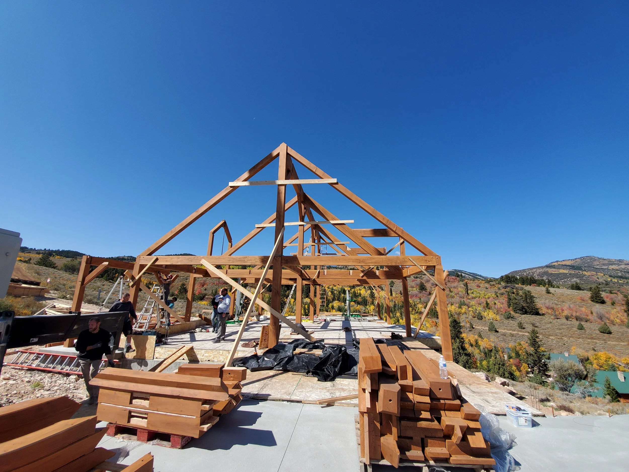 Onsite install with our heavy timber framework in progress by our team.  