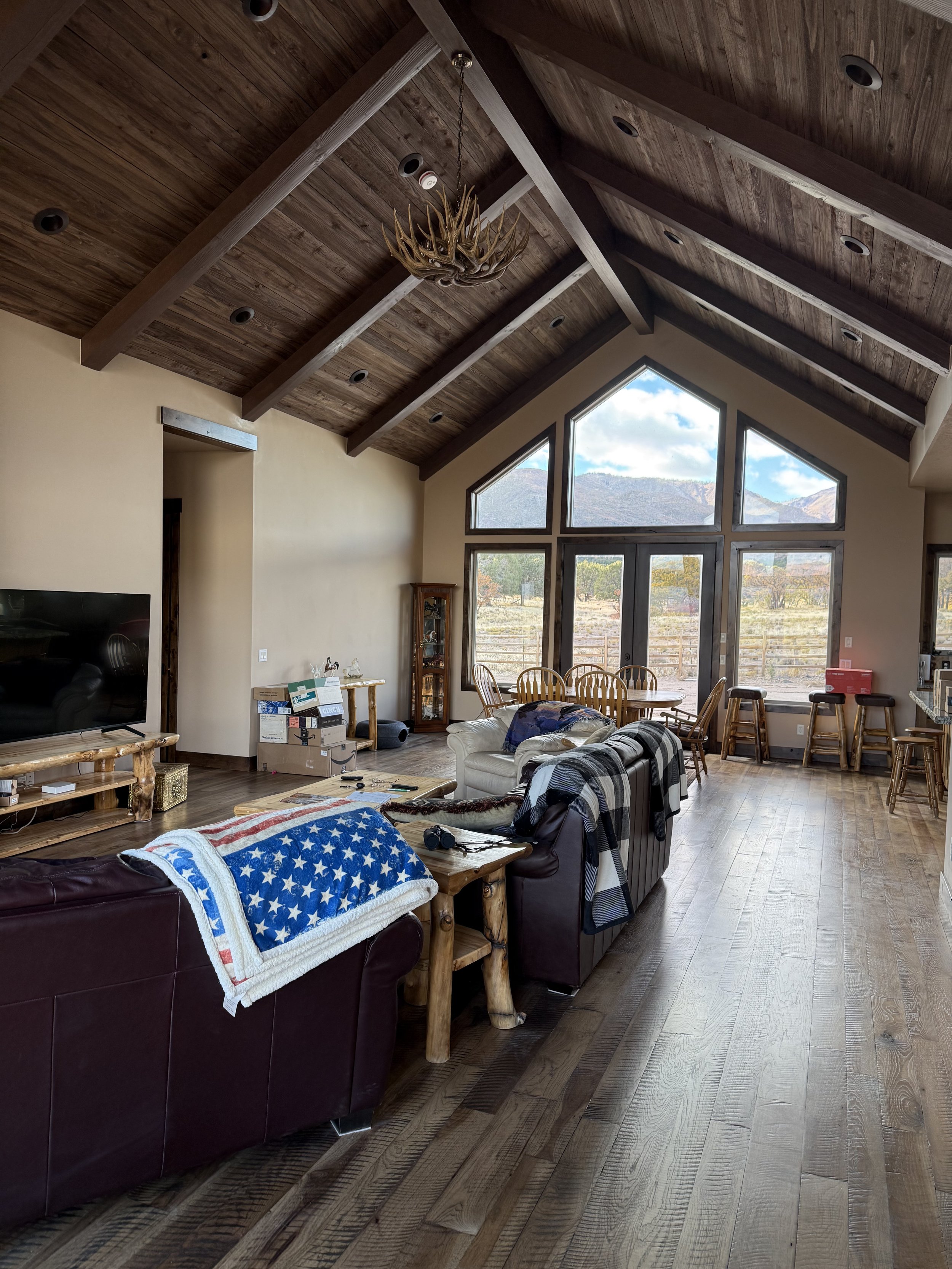 Living room with our indoor timber beams installed. 