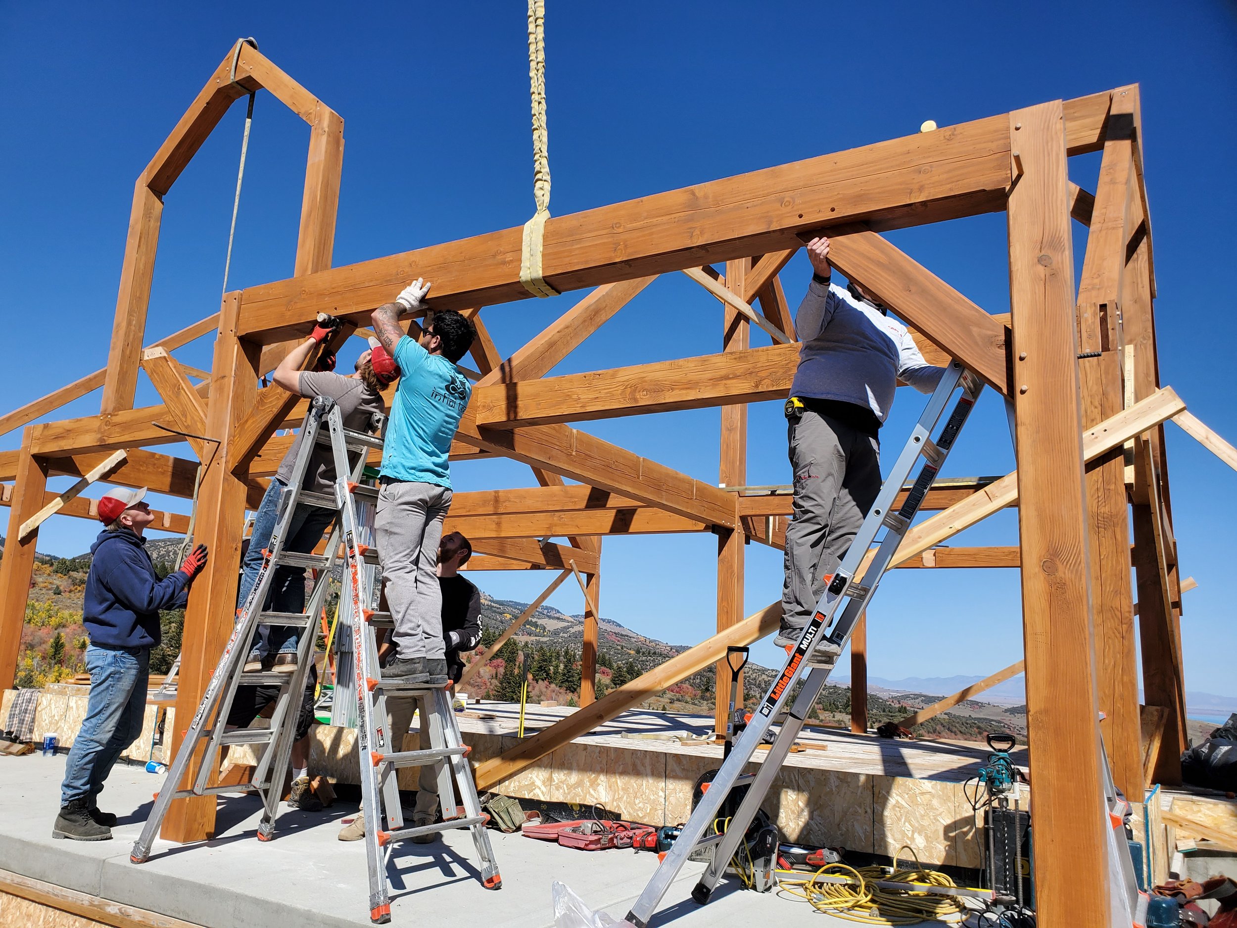Construction site of our timber frames being installed with our team onsite. 