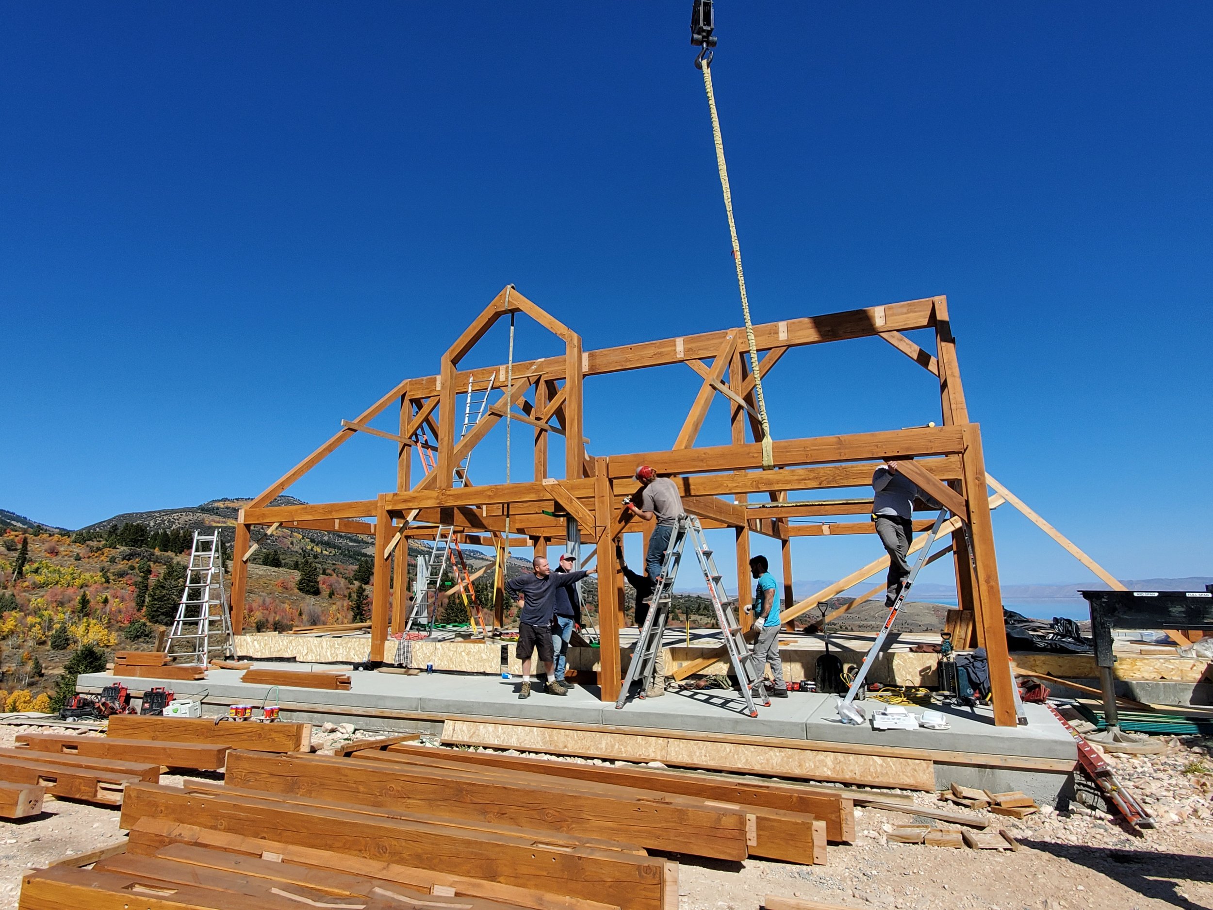 Construction site of our timber frames being installed with our team onsite. 