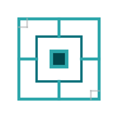 A geometric pattern with concentric squares and rectangles in teal and gray on a black background.