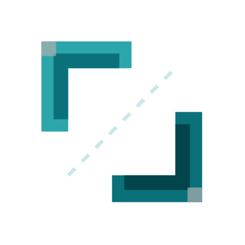 Two 3D corner shapes with a dashed line connecting their vertices, representing a perspective transformation or connection.