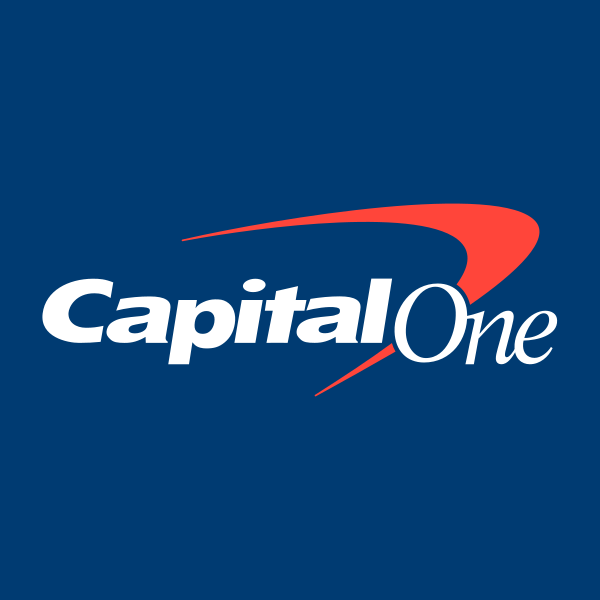 Capital One logo on a dark blue background with a red swoosh.