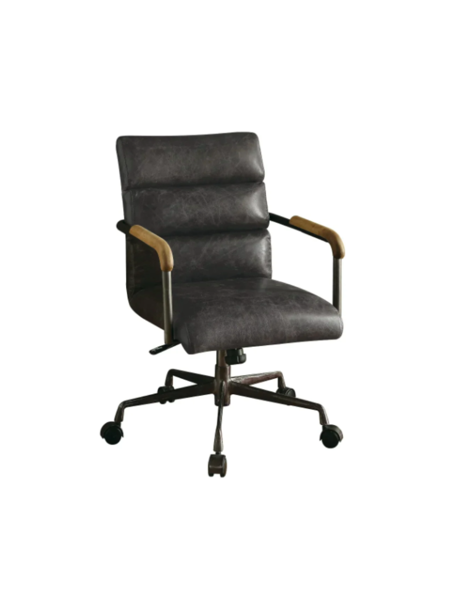 Black leather task chair on wheels with wood accents on arms