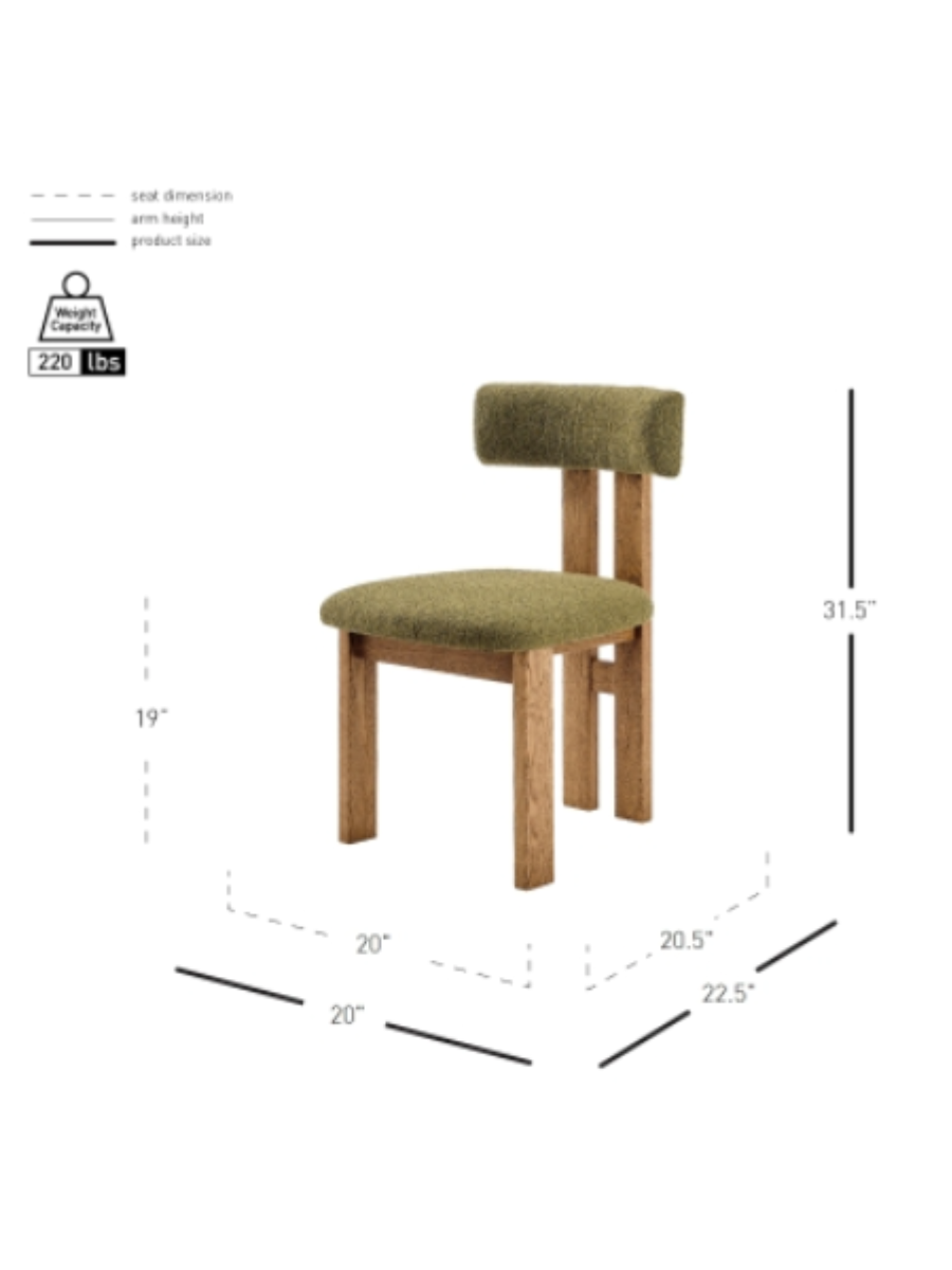 Olive green fabric dining chair with rounded design, tubular backrest and a seat frame supported by two solid wood posts
