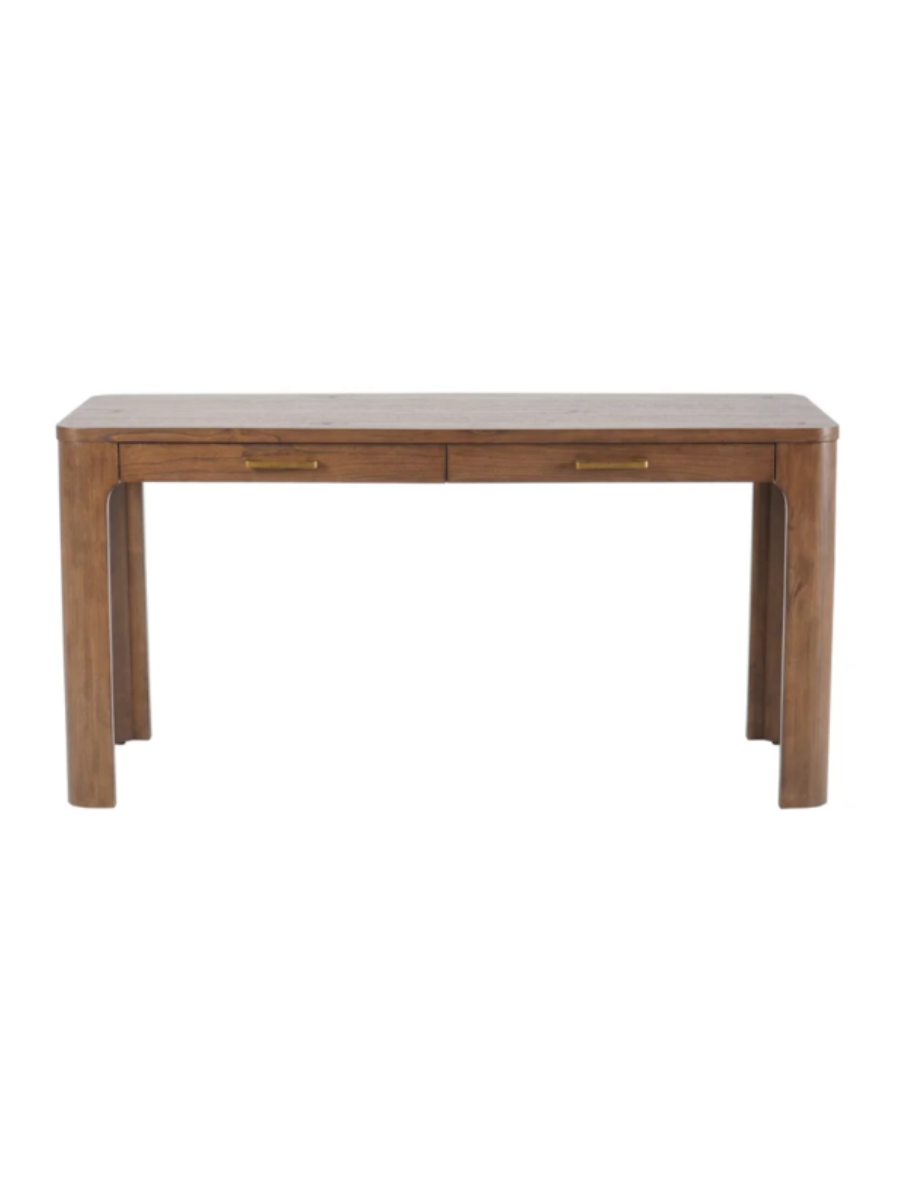 Wood desk with two drawers in walnut finish with curvy silhouette through the legs