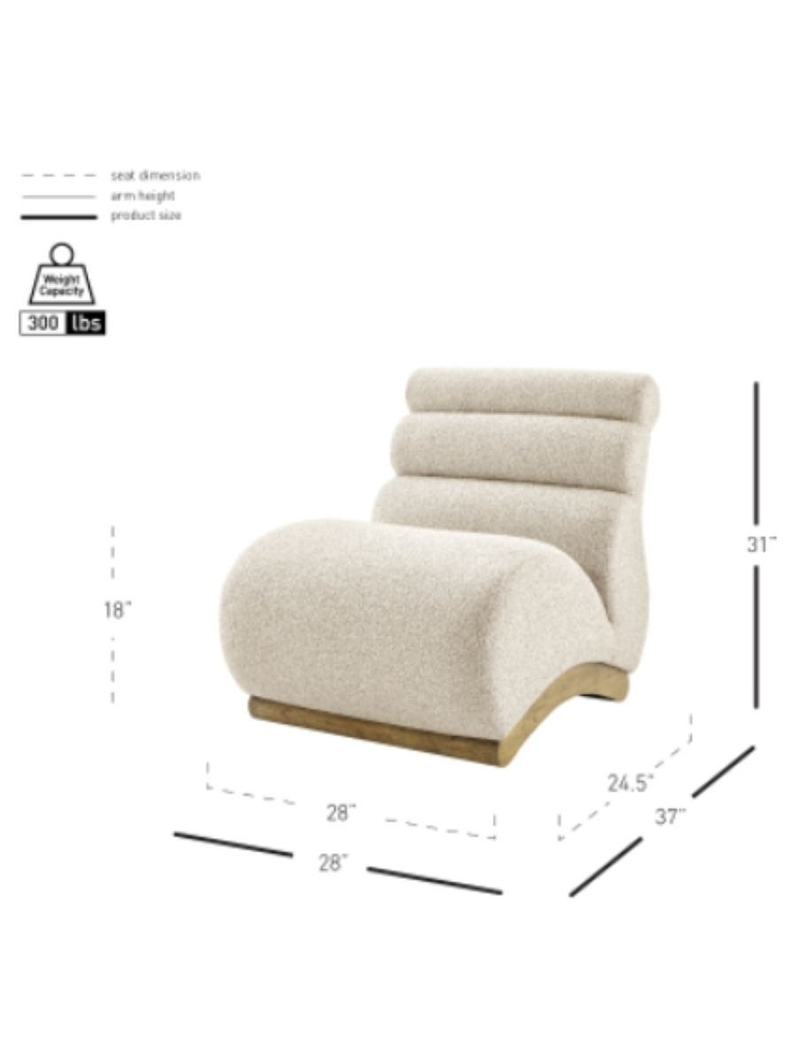 Modern armless accent chair upholstered in cream bouclé fabric, featuring a sculptural curved seat, channel-tufted backrest, and natural wood base.
