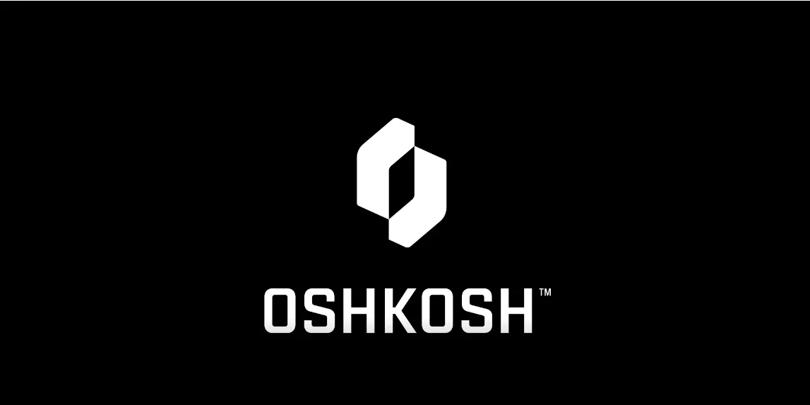 Black background with a white geometric logo above the word "OSHKOSH" in bold, white uppercase letters.