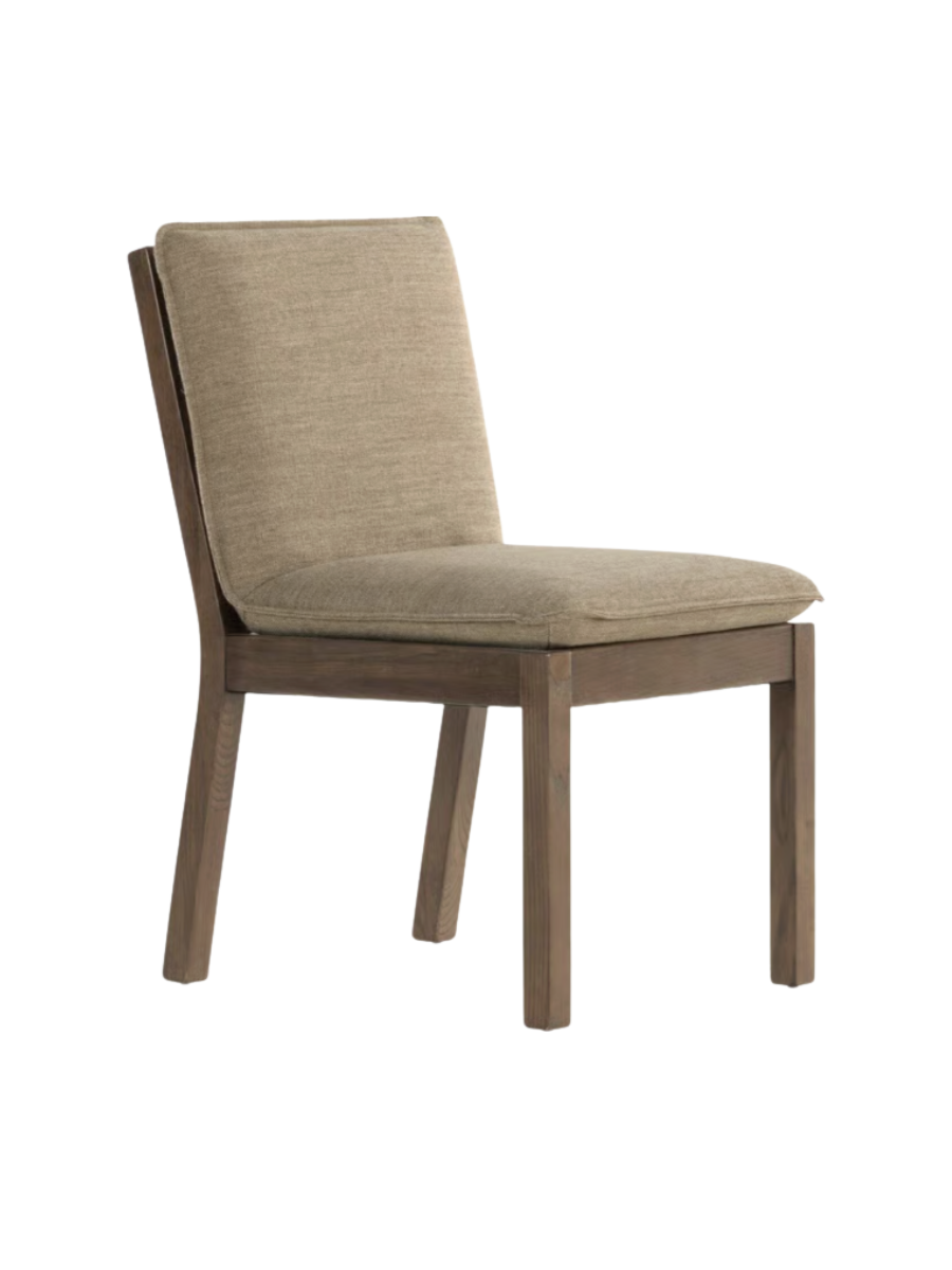 Wood dining chair with upholstered seat and back, with leather buckle details on back of chair.