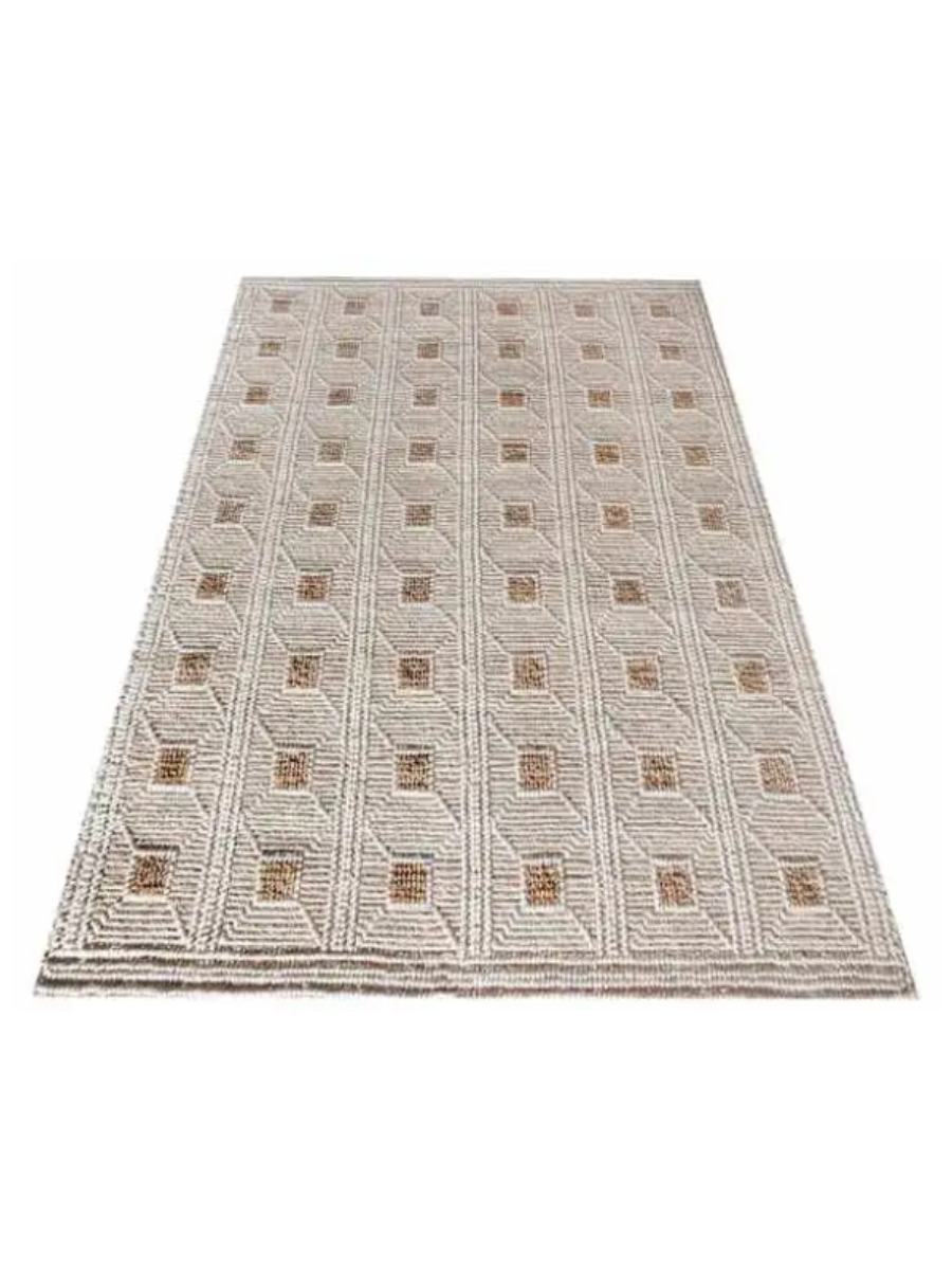 Jute and ivory cotton handwoven rug with a textured checkered square pattern, measuring 8' x 10'.