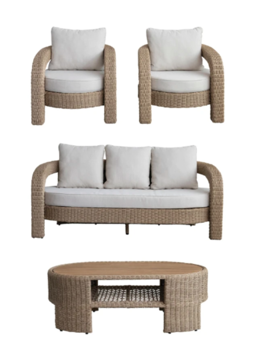 Hand-woven plastic wicker sofa with cream cushions. Matching 2 chairs and coffee table also pictured.
