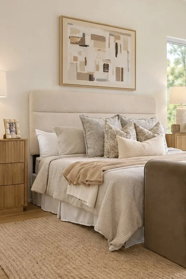 A neatly made bed with beige and gray bedding and multiple decorative pillows, in a cozy bedroom with wooden nightstands, a framed abstract painting above the bed, and natural light from a window.
