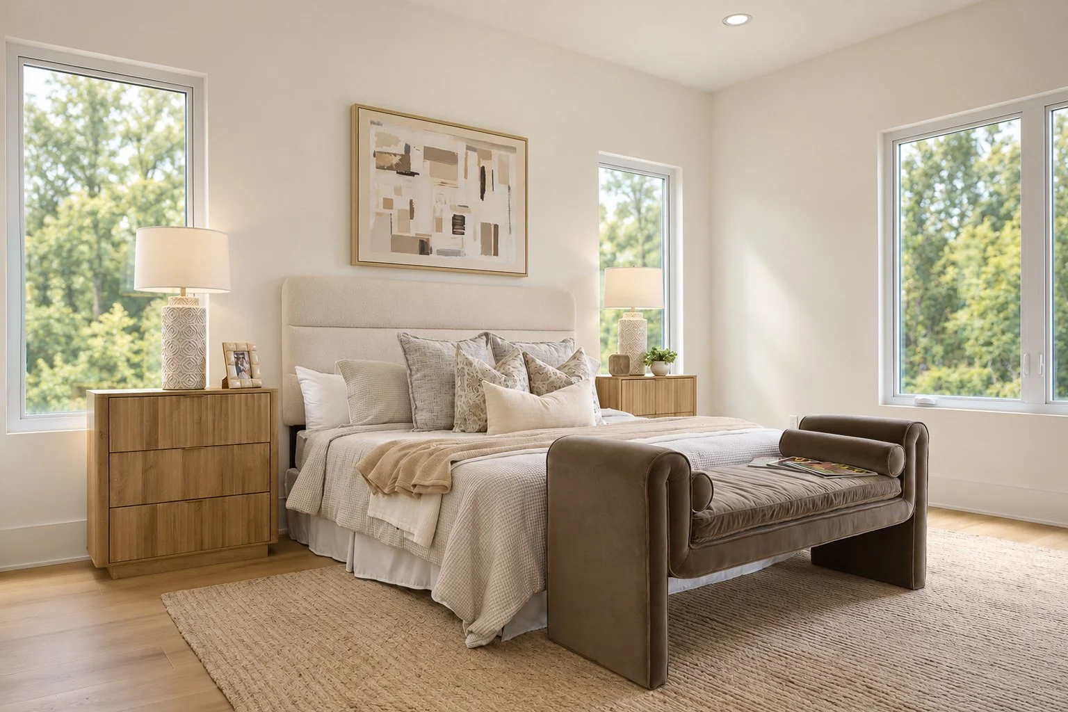 A bedroom with a large bed, multiple pillows, two wooden nightstands with table lamps, large windows, a framed abstract artwork, a bench at the foot of the bed, and a beige rug.
