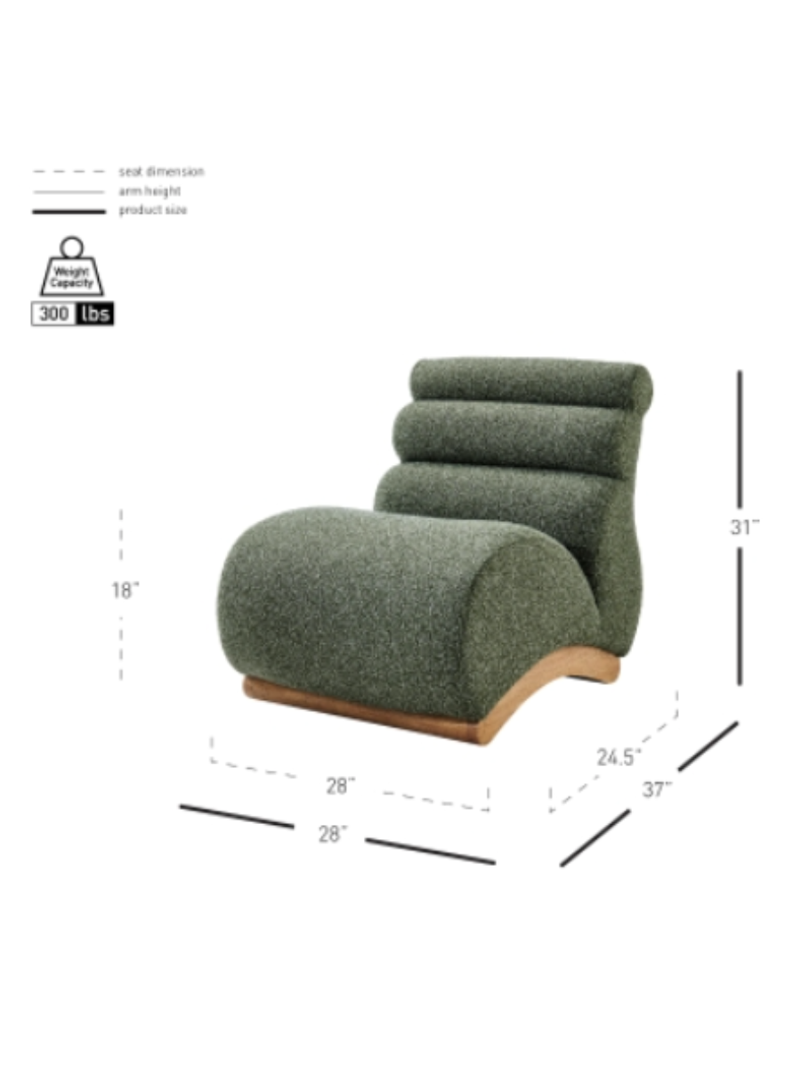 Modern armless accent chair upholstered in olive green bouclé fabric, featuring a sculptural curved seat, channel-tufted backrest, and natural wood base.