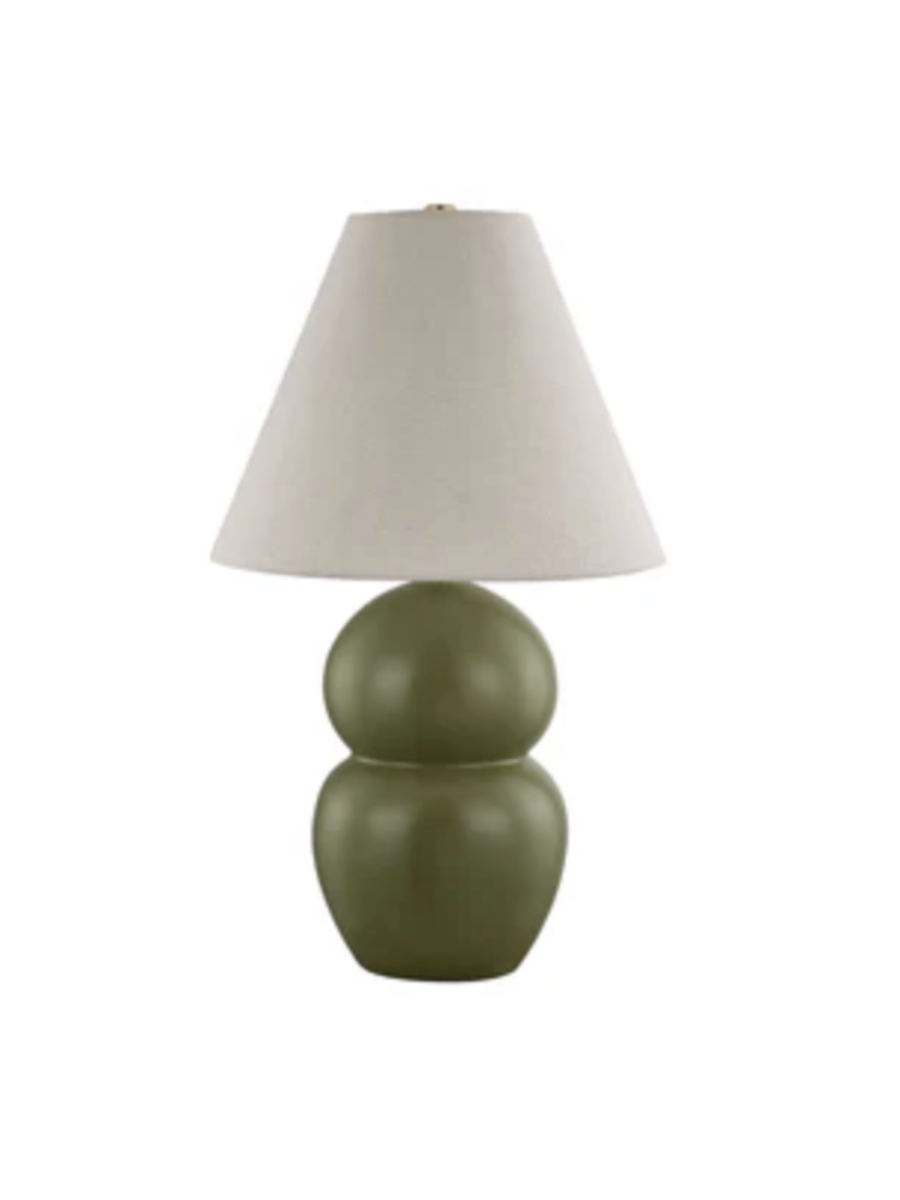 Curvy matte green lamp with angled cream/linen shades