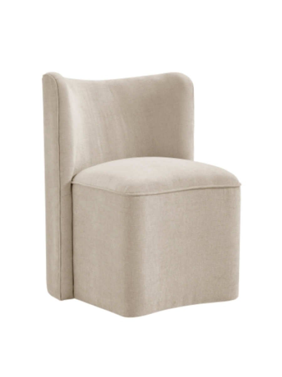 Upholstered armless dining chair / side chair w/ slightly curved 32" high back, 20" seat and caster wheels
