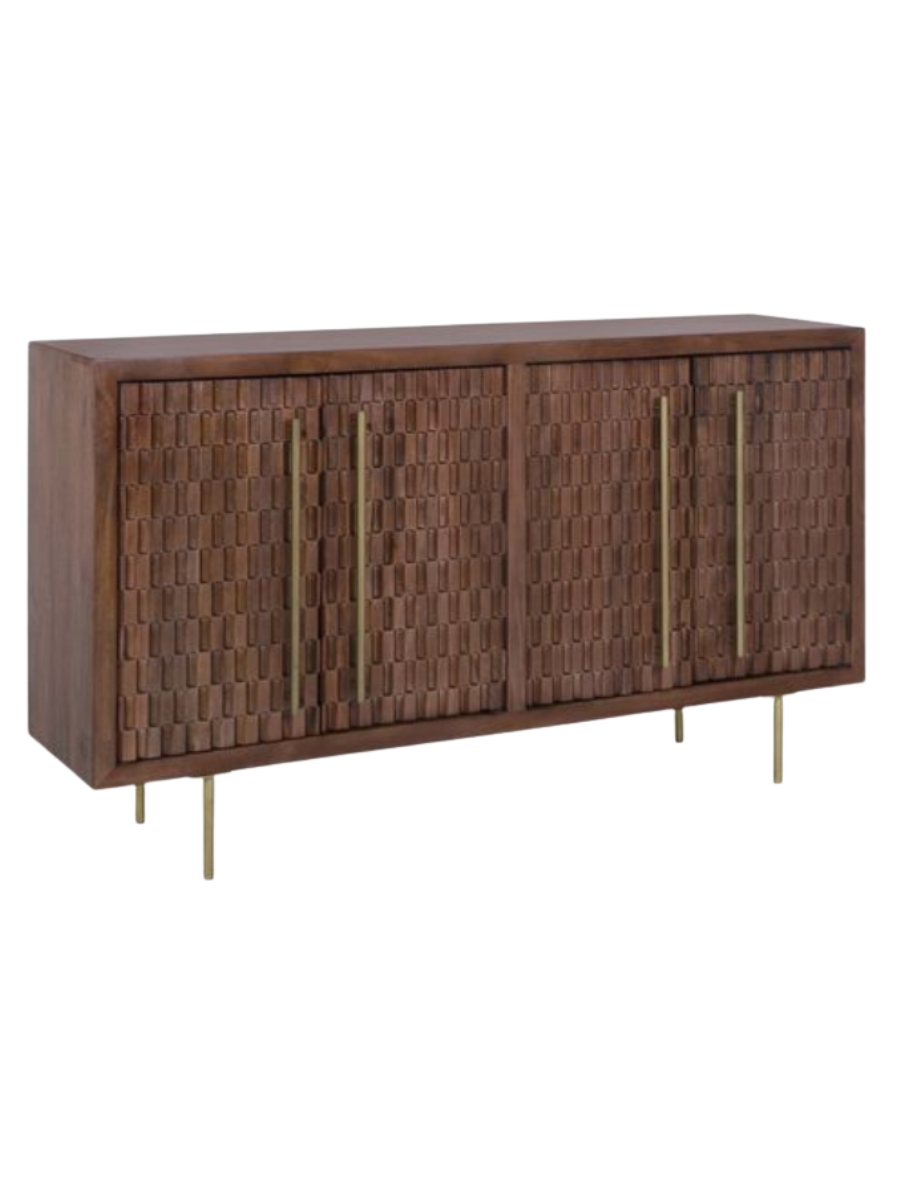 Modern walnut wood sideboard featuring four textured geometric cabinet doors, long brushed brass handles, and slender gold metal legs.