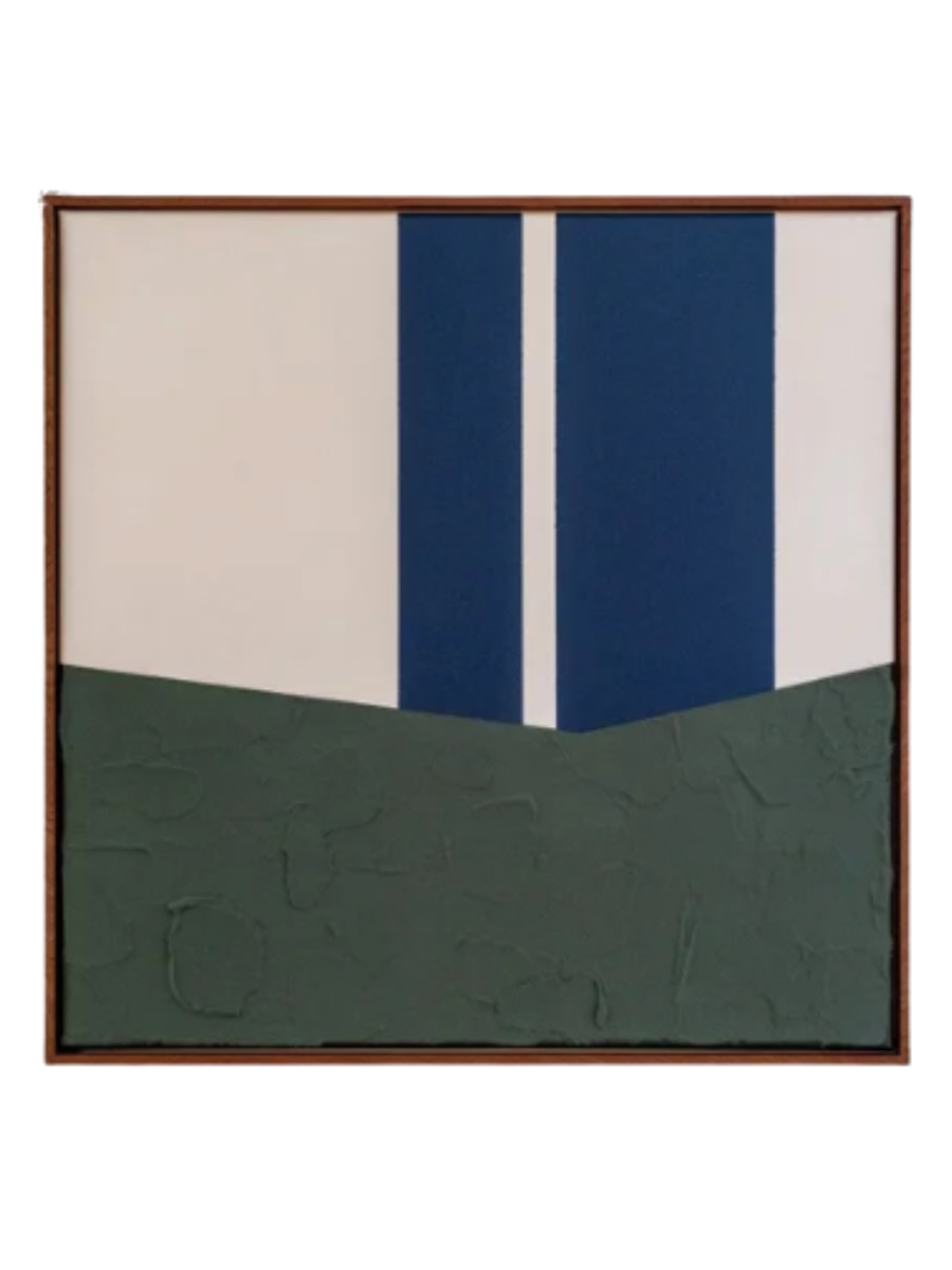 a geometric painting consisting of two navy lines running into a green solid block