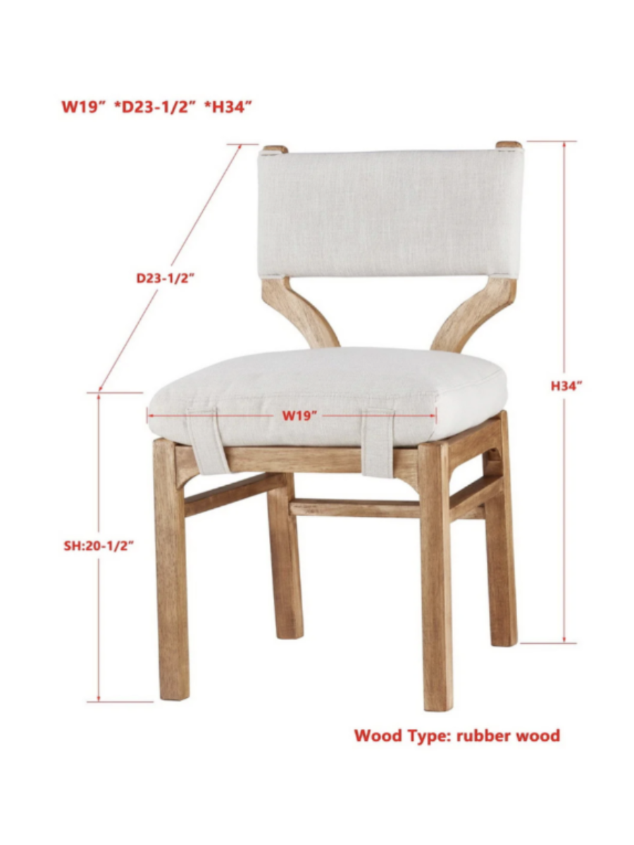 dining chair with wood frame + legs and cream upholstered back and seat with strap detail wrapping underneath seat.