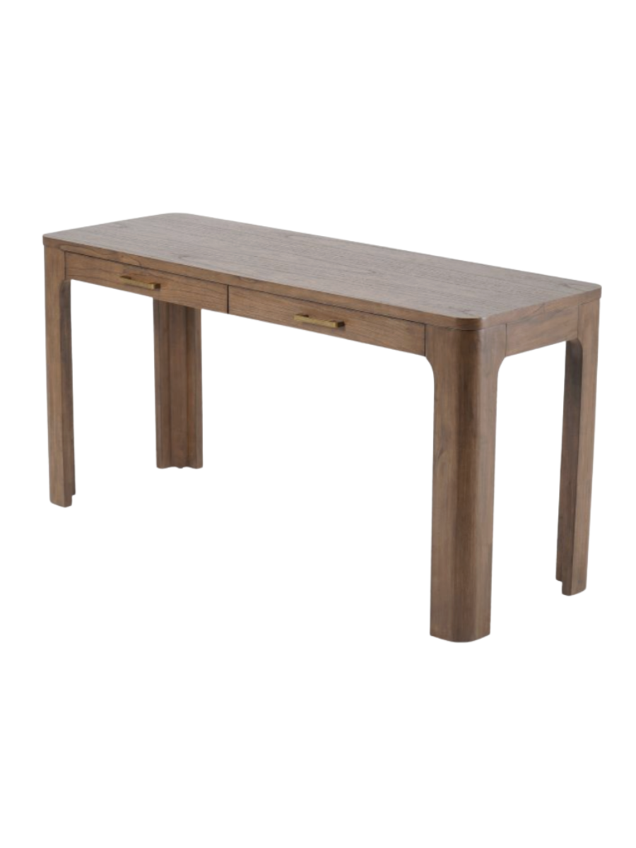 Wood desk with two drawers in walnut finish with curvy silhouette through the legs