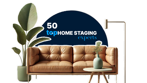 A living room setup with a brown leather sofa, a tall green plant in a pot, a small round table with a ceramic vase, and a floor lamp. A blue circle with text reads '50 top HOME STAGING experts.'