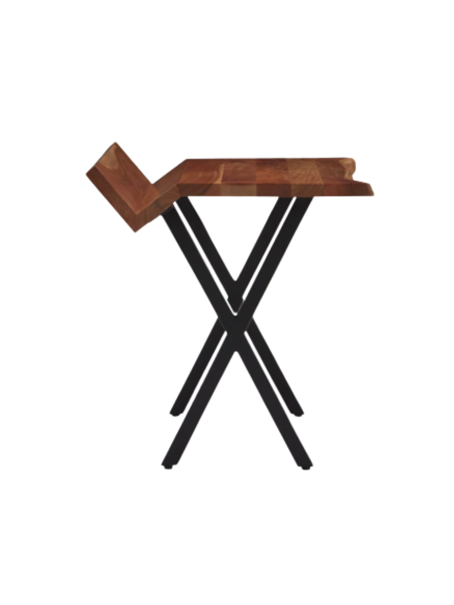 Live edge wooden desk with metal legs and book prop