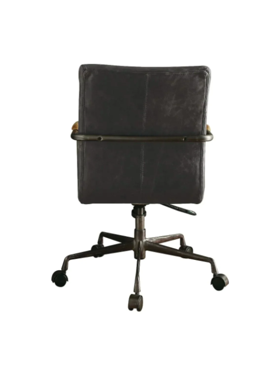 Black leather task chair on wheels with wood accents on arms