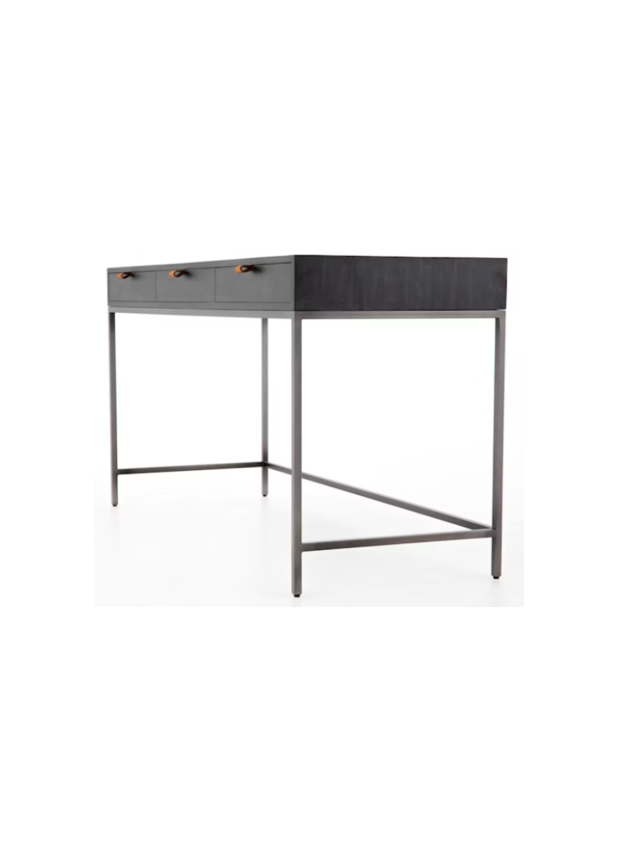 Black desk w/ three drawers with leather pulls and metal legs.