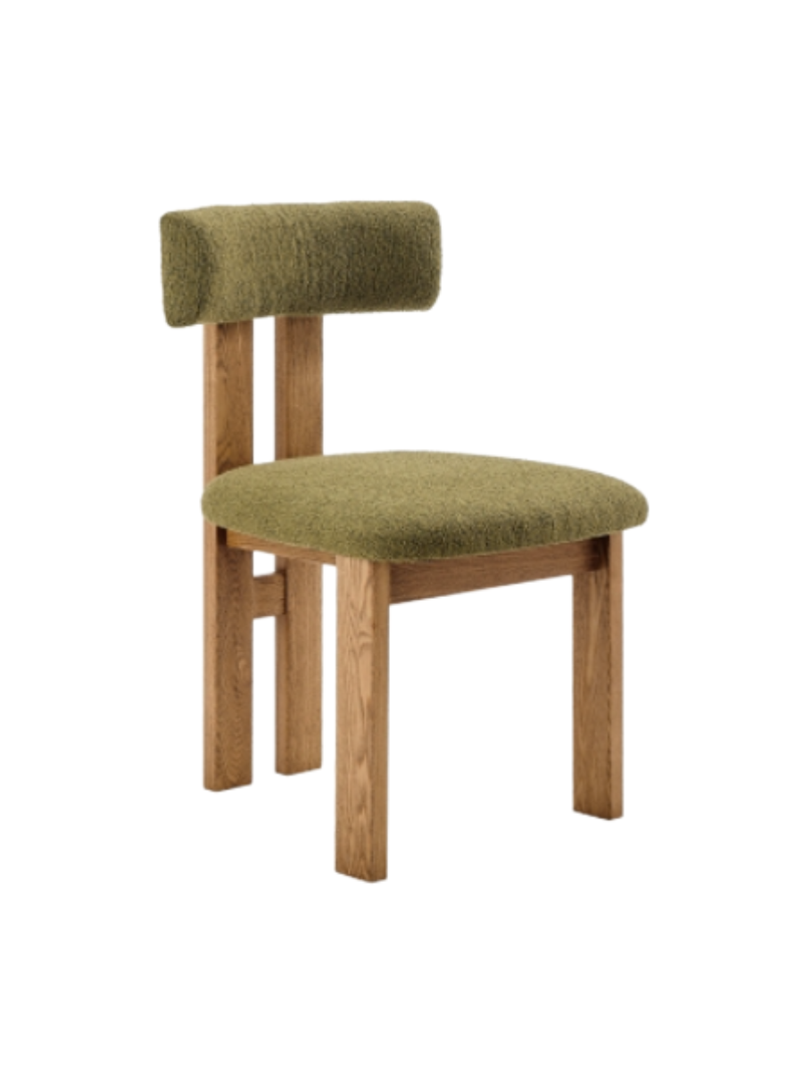 Olive green fabric dining chair with rounded design, tubular backrest and a seat frame supported by two solid wood posts