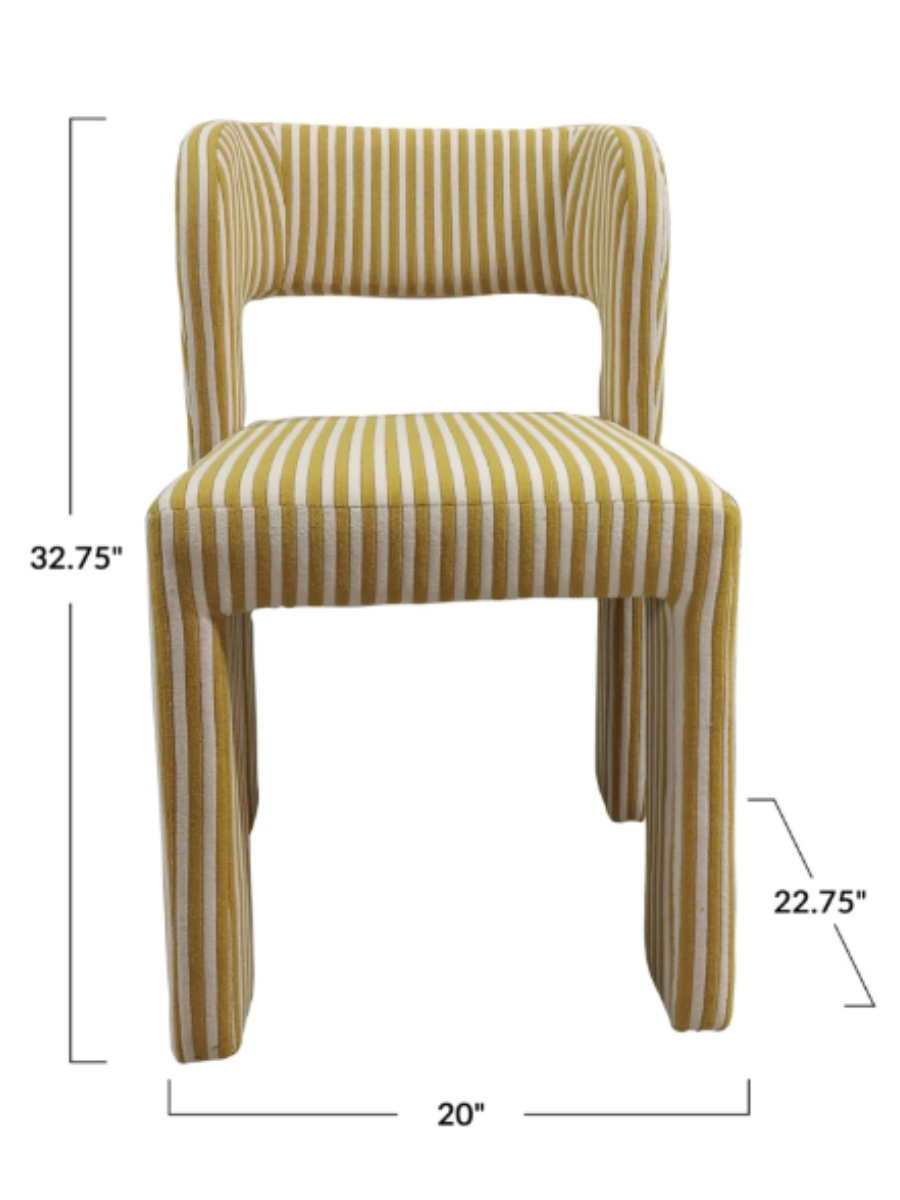 Modern upholstered armless dining chair with slim rounded barrel back in a yellow and white terrycloth + cotton striped pattern