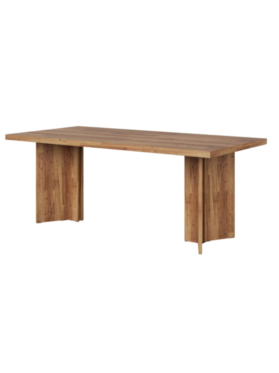 Modern rectangular wood dining table in a warm walnut finish, featuring a slim tabletop and sculptural double-panel pedestal legs with subtle curved details.