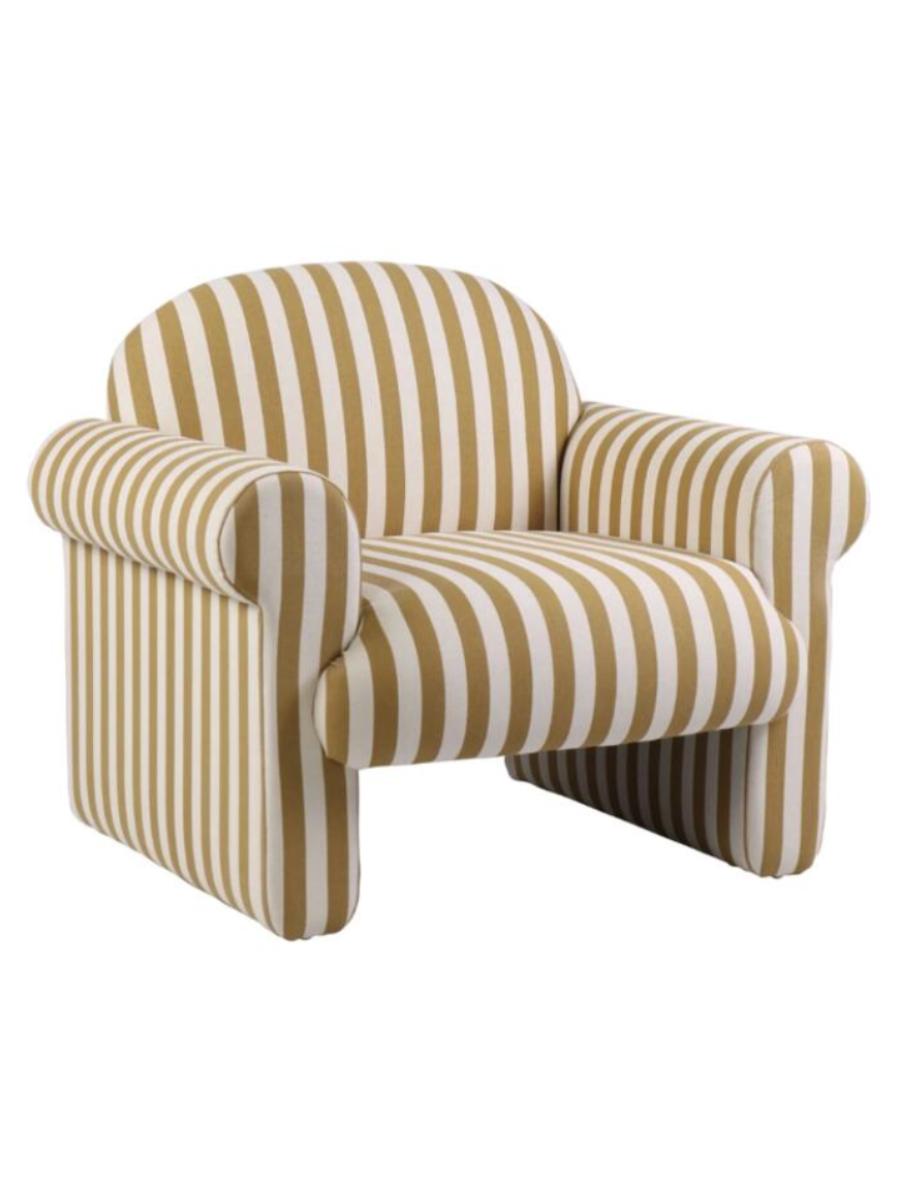 Modern accent chair upholstered in mustard yellow and cream striped fabric, featuring a rounded backrest, curved padded arms, and a plush cushioned seat.